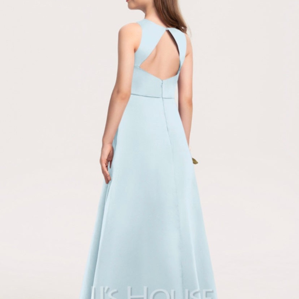 JJ’s House A-line Floor Length Satin Junior Bridesmaids Dress in Mist